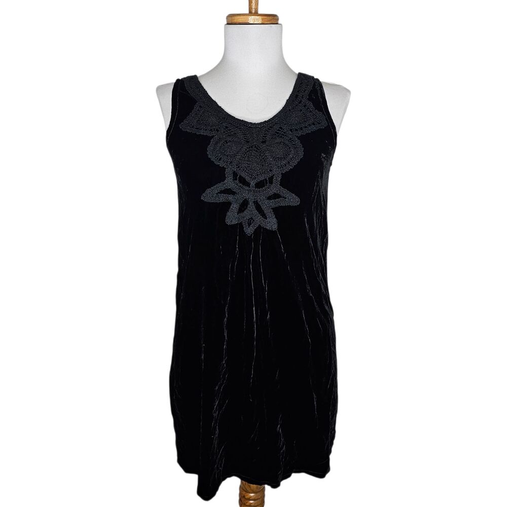 Vtg Y2K Crochet Velvet Silk Blend Mini Shift Dress Max Studio S.P. Black Goth XS